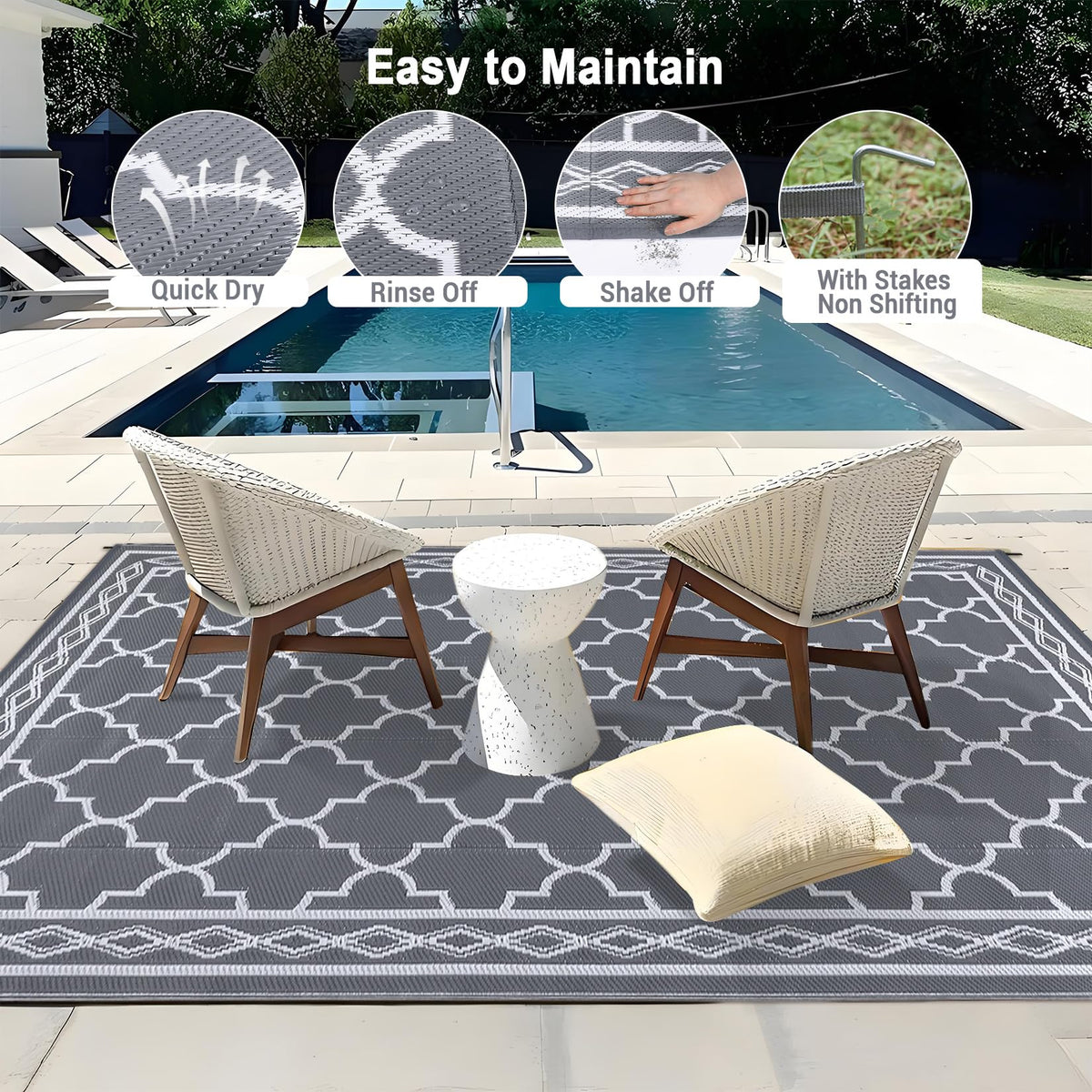 Garvee outdoor rug 8x10 on deck, grass-friendly and breathable