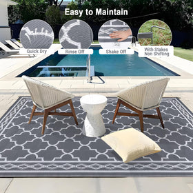 Garvee outdoor rug 8x10 on deck, grass-friendly and breathable