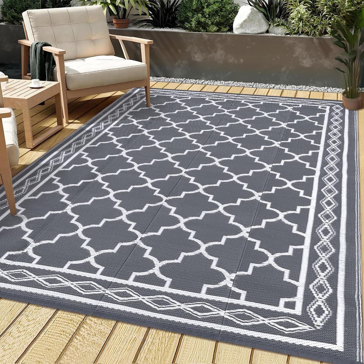 Garvee outdoor rug 8x10 on entryway patio scene with reversible design