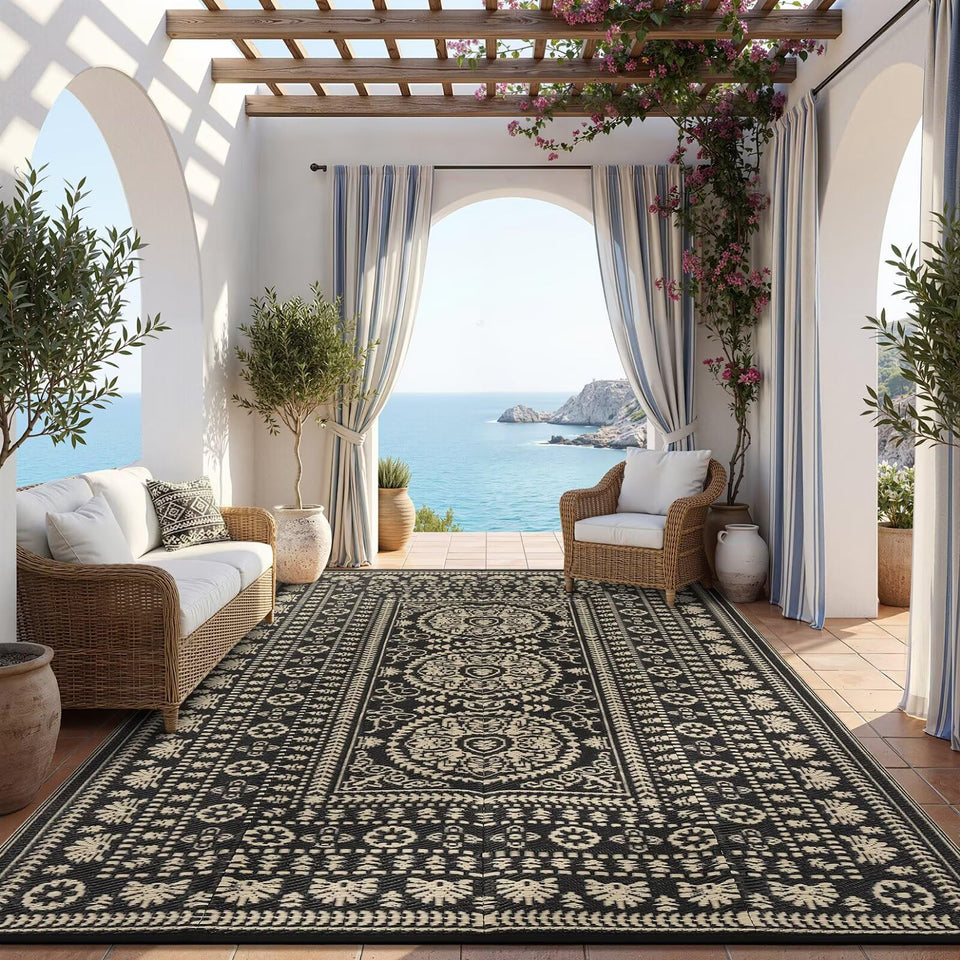 Garvee outdoor rug with medallion pattern for patios, decks, and backyard spaces.