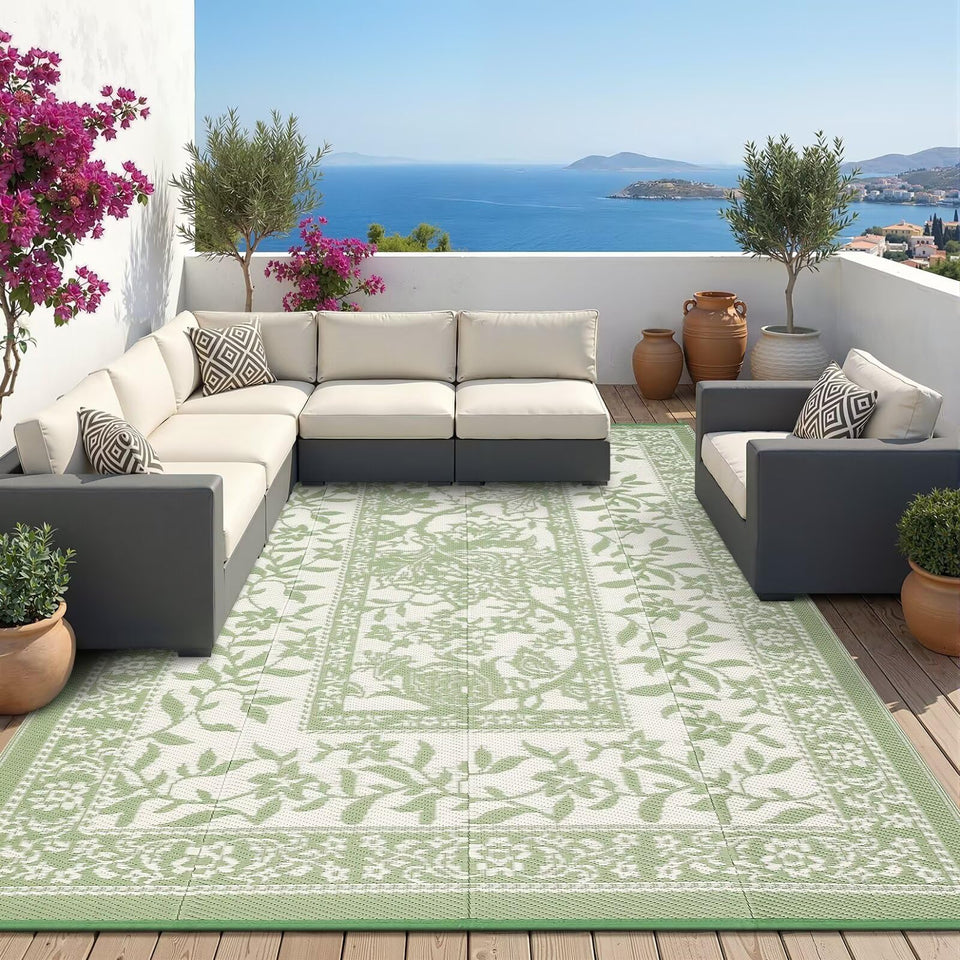 Garvee Outdoor Rug 8x10 spread on a deck adds botanical charm and versatile outdoor style.