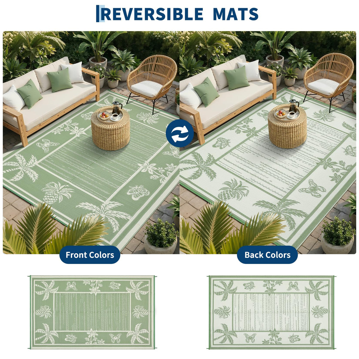 Garvee reversible rug offers two looks for flexible indoor and outdoor styling.