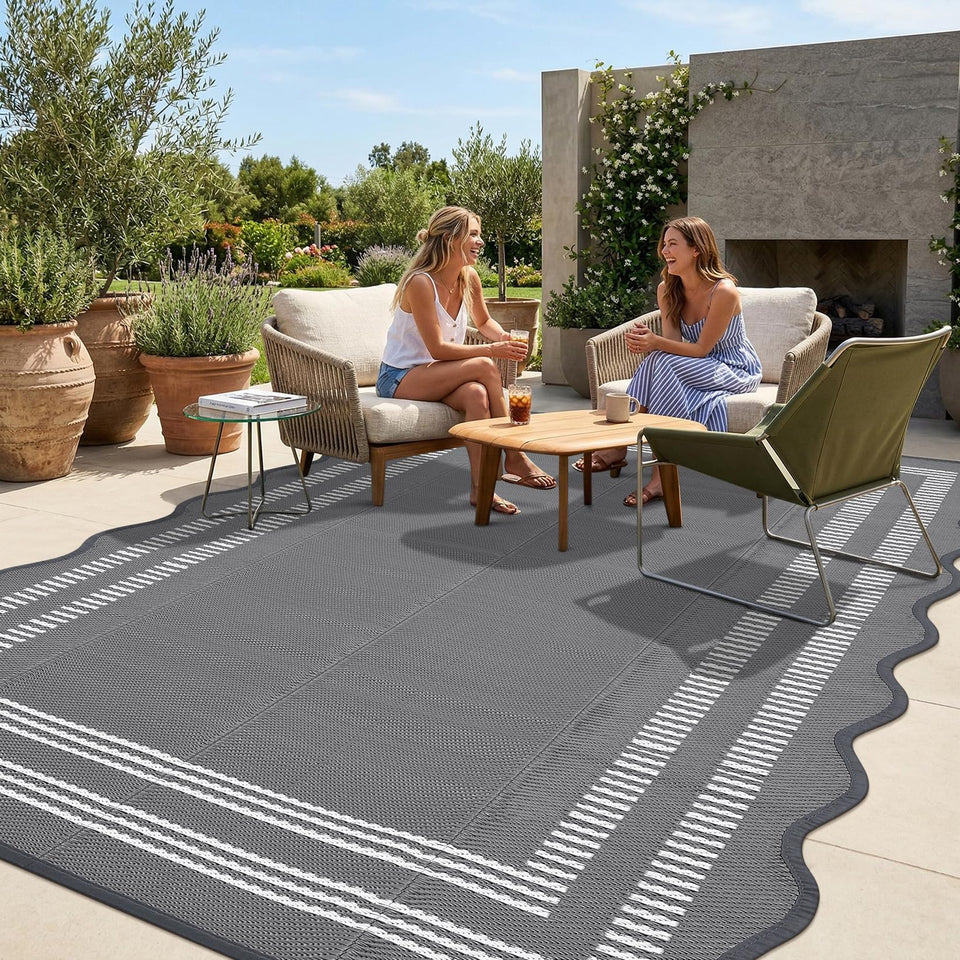 Garvee outdoor rug 8x10 with scalloped edge for stylish patios and decks