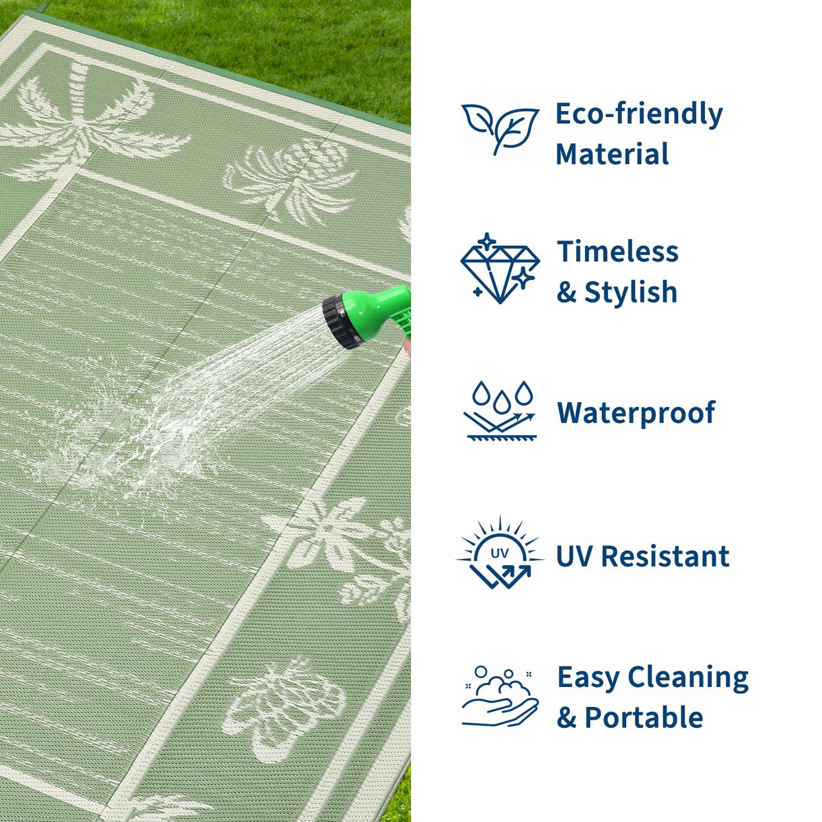 Garvee outdoor rug shows a waterproof, stain-resistant surface for quick cleanup after spills.