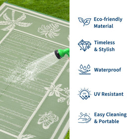 Garvee outdoor rug shows a waterproof, stain-resistant surface for quick cleanup after spills.