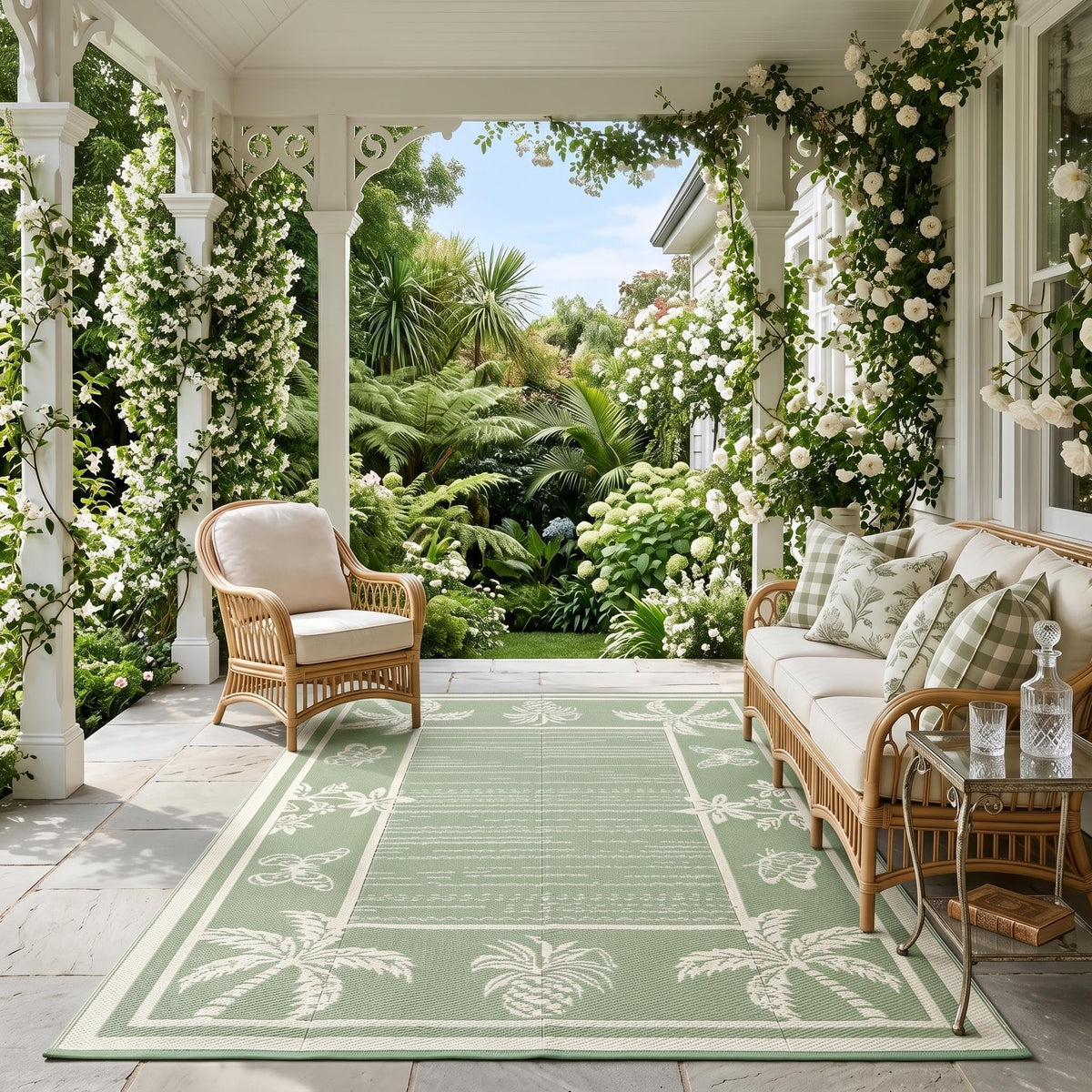 Garvee outdoor rug with tropical leaf pattern adds coastal style and durability to your patio.