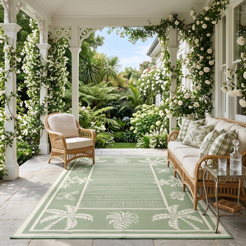 Garvee outdoor rug with tropical leaf pattern adds coastal style and durability to your patio.