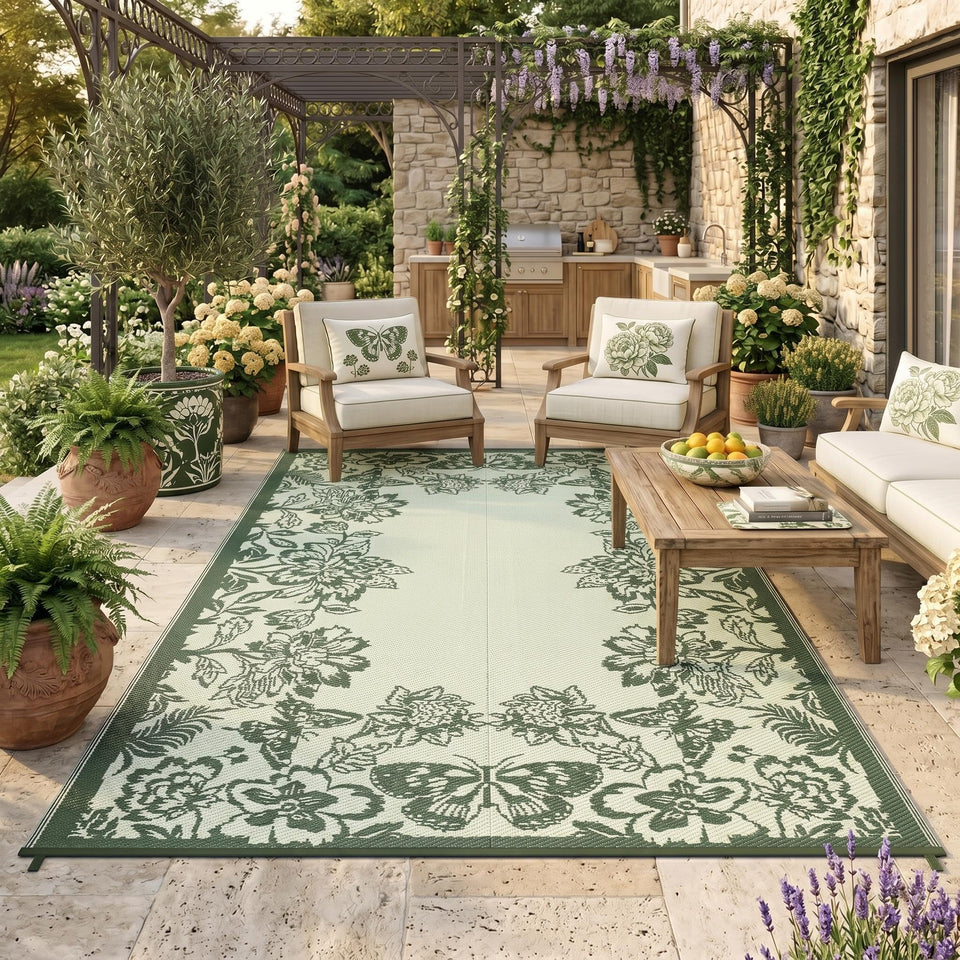Garvee 8x10 waterproof outdoor rug on patio; easy cleanup after rain or spills
