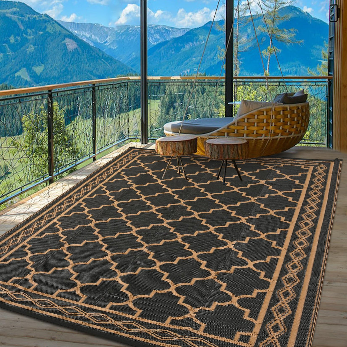 Garvee outdoor rug reversible design demonstrating two color options for styling.