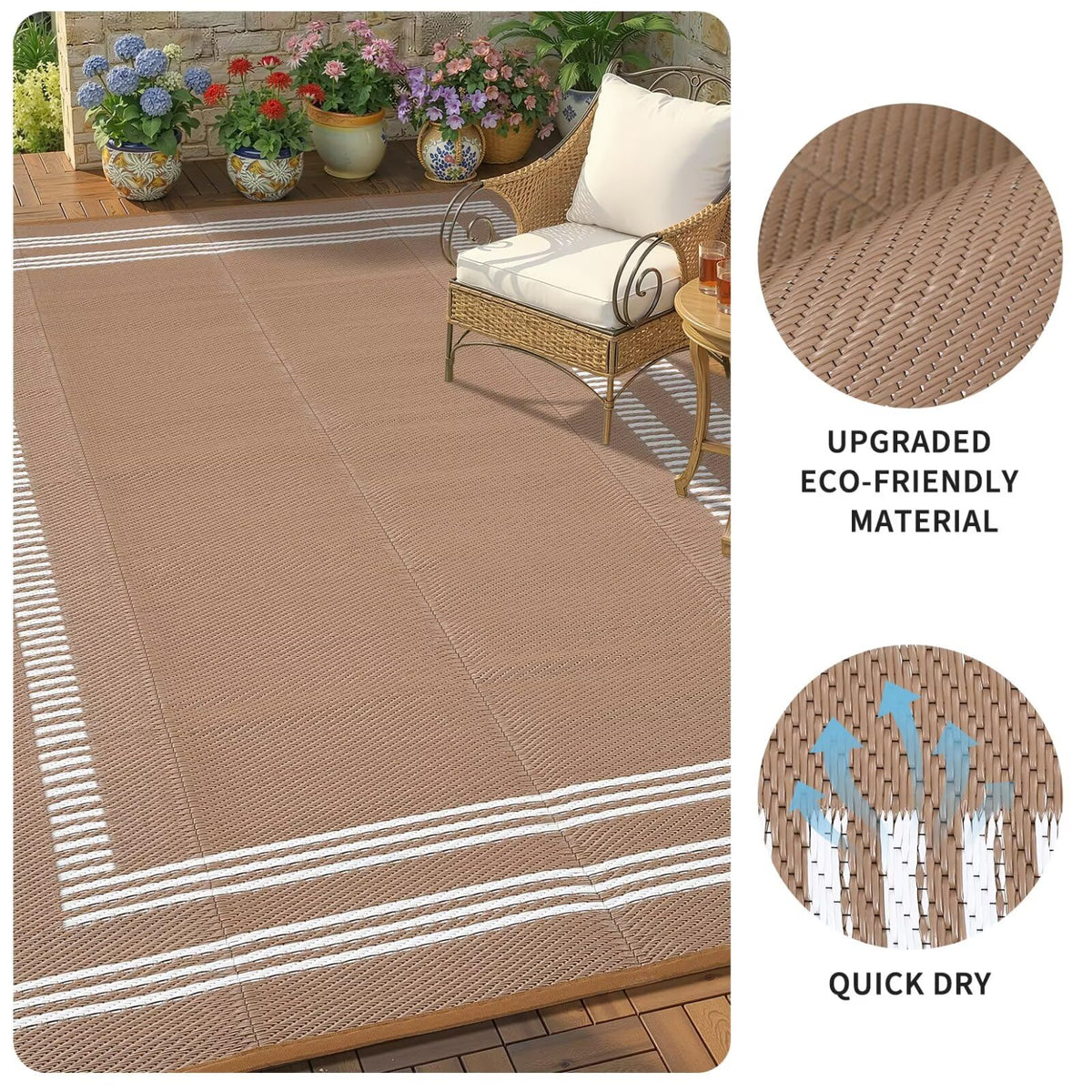Garvee outdoor rug reversible two-looks option provides versatile styling.