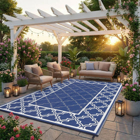Garvee blue outdoor rug showing two sided styling for quick space refresh