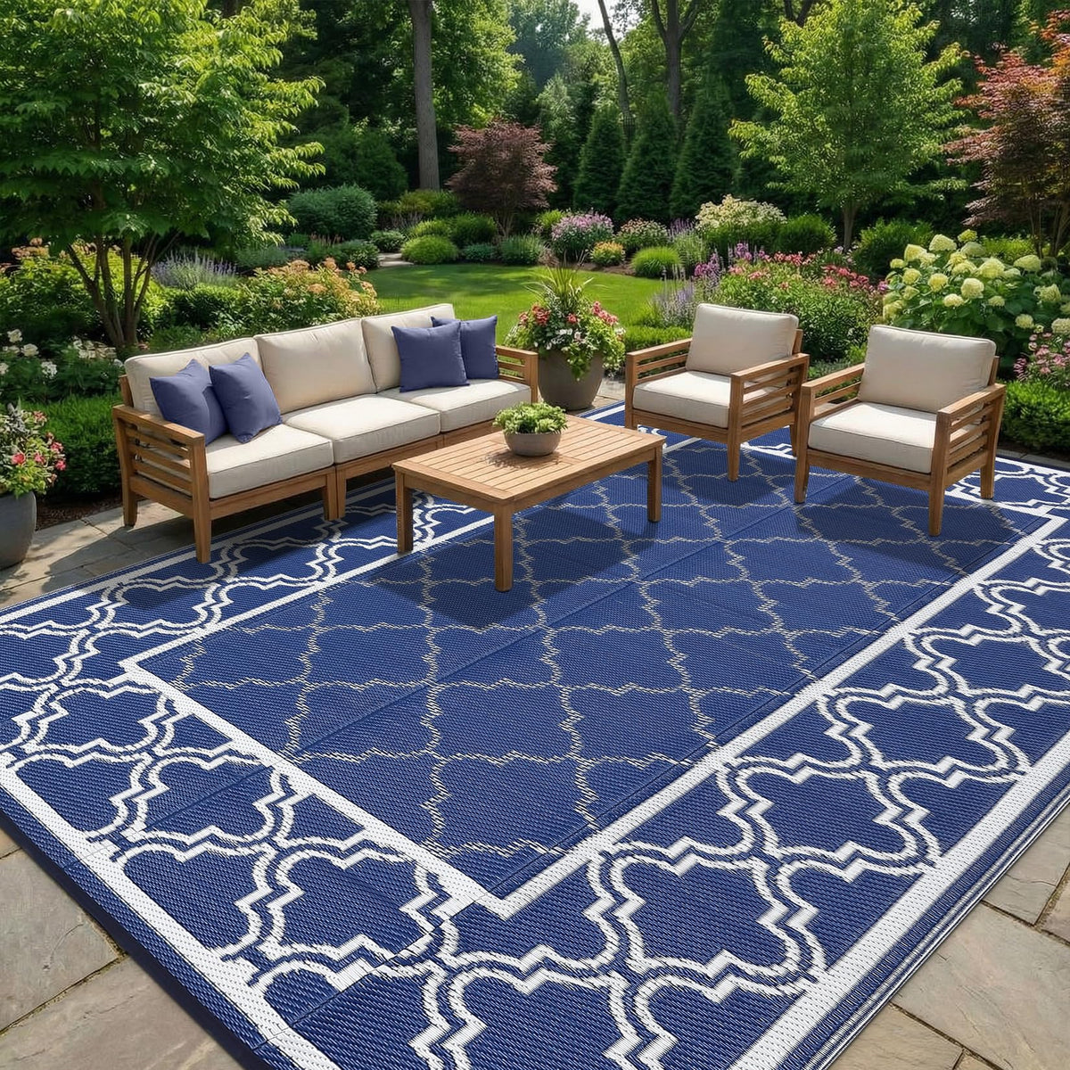 Garvee blue rug on a balcony with UV resistant color retention