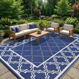 Garvee blue rug on a balcony with UV resistant color retention