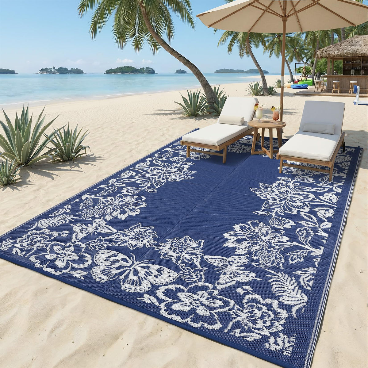 Garvee rug placed on backyard deck for defined outdoor space
