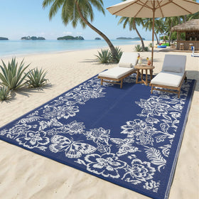 Garvee rug placed on backyard deck for defined outdoor space
