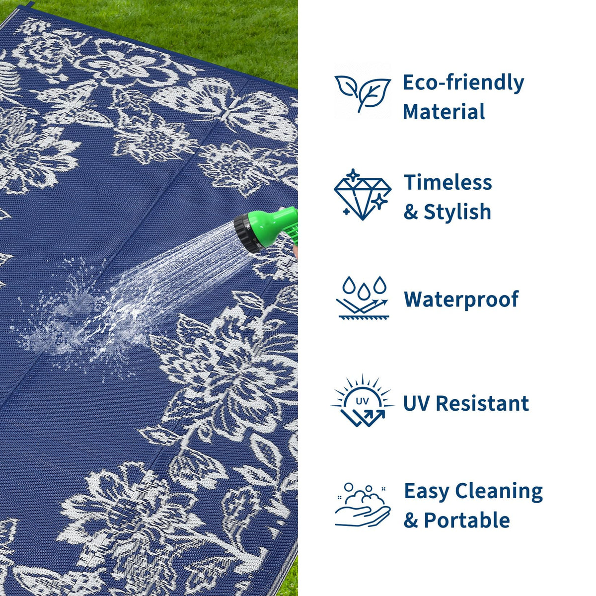 Garvee 8x10 outdoor rug on patio setup shows durable waterproof design
