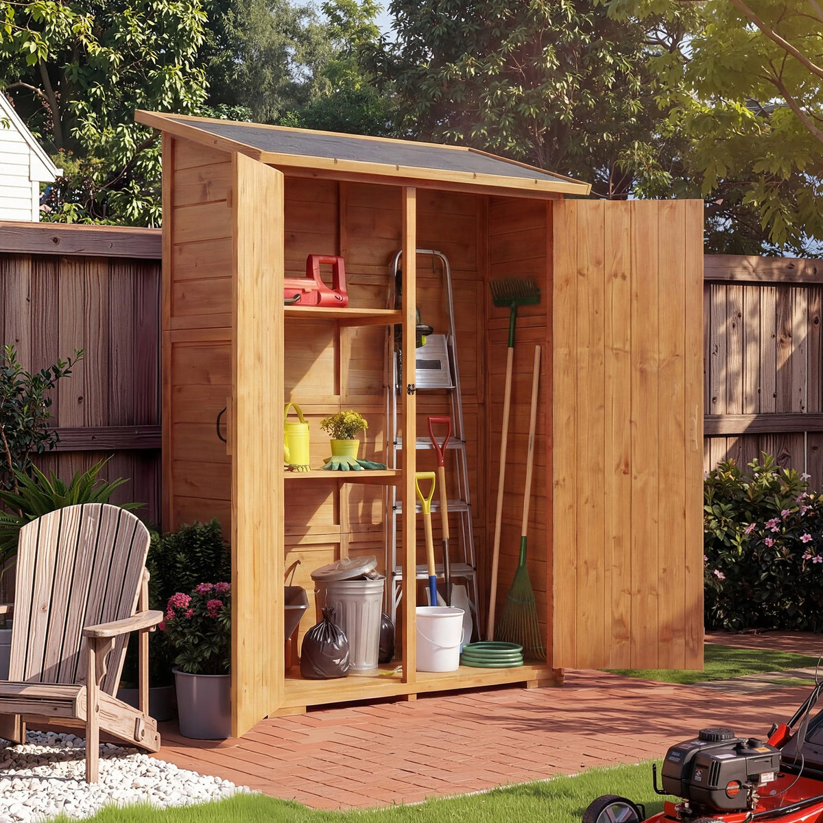 Garvee outdoor storage cabinet with two shelves keeps gardening tools organized.