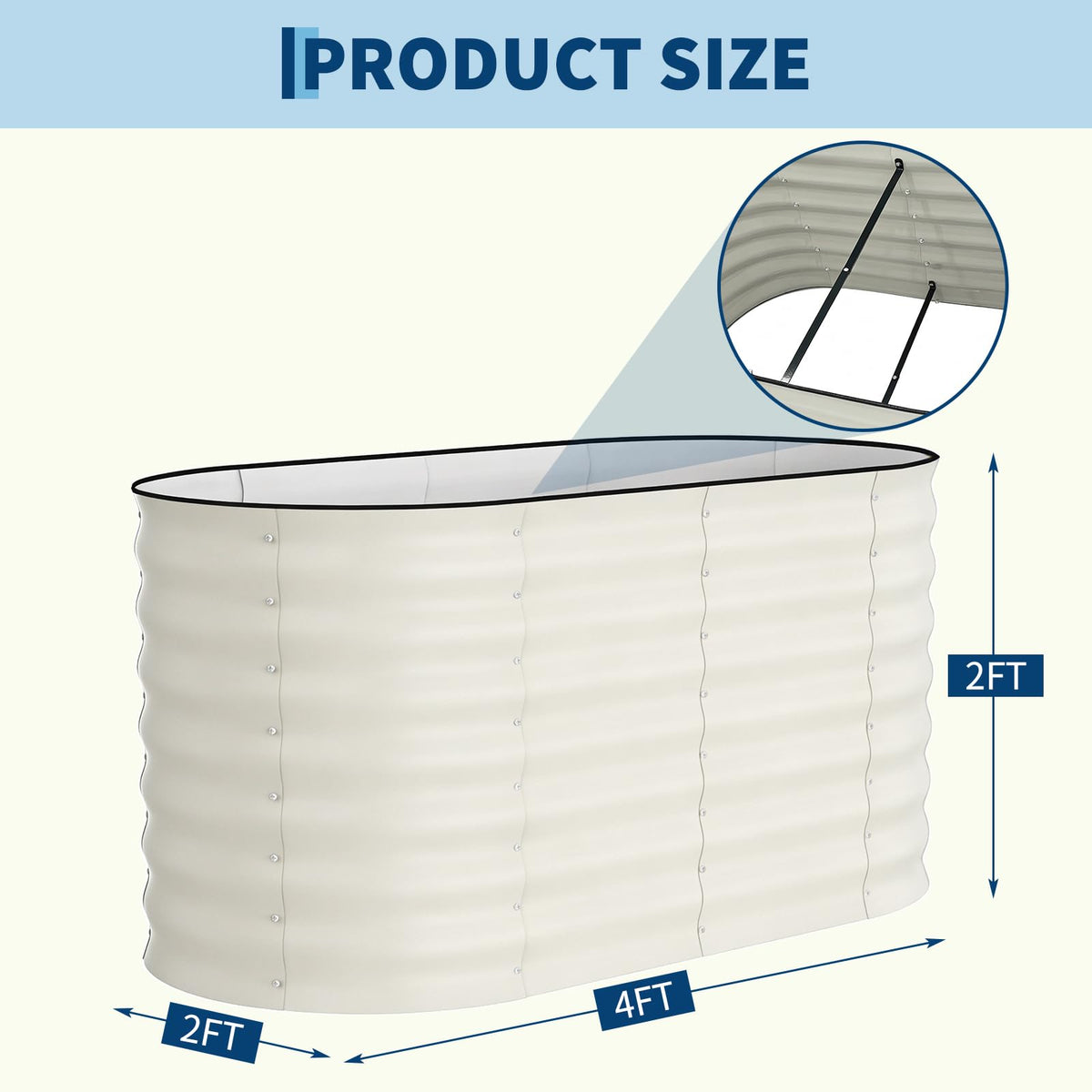 Garvee oval raised bed side view showing beige finish blending with outdoor spaces.