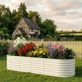 Garvee oval raised garden bed showing safety edge strips for safe gardening.