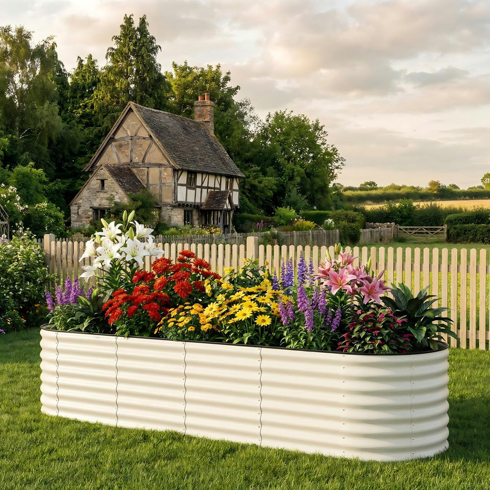Garvee oval raised garden bed showing safety edge strips for safe gardening.