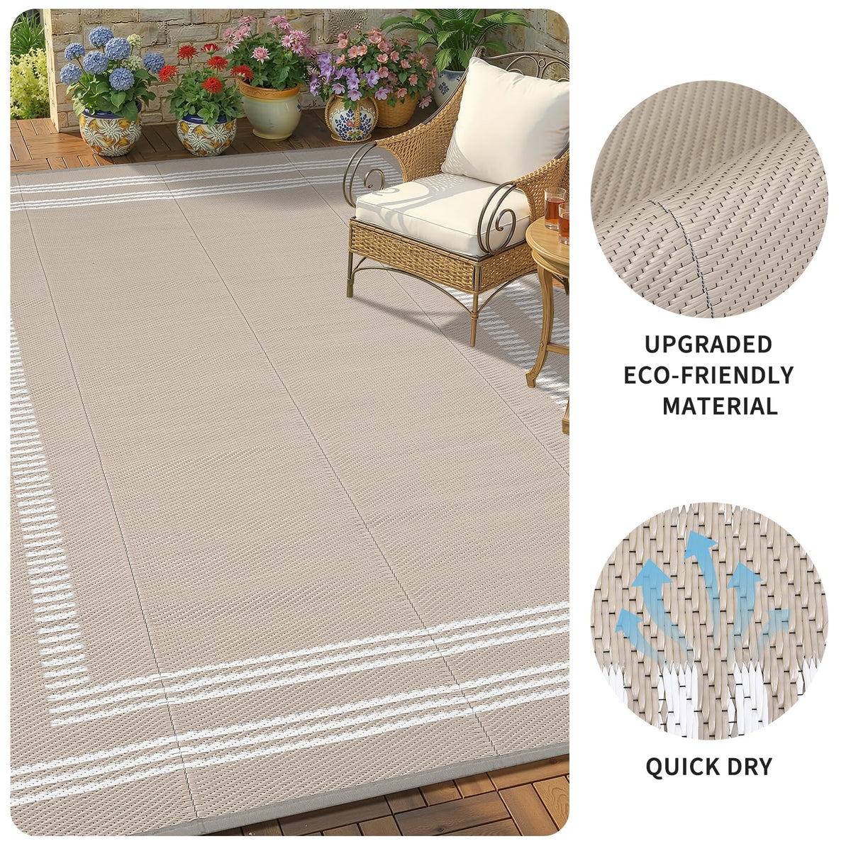 Garvee rug on a patio deck, ideal for outdoor gatherings