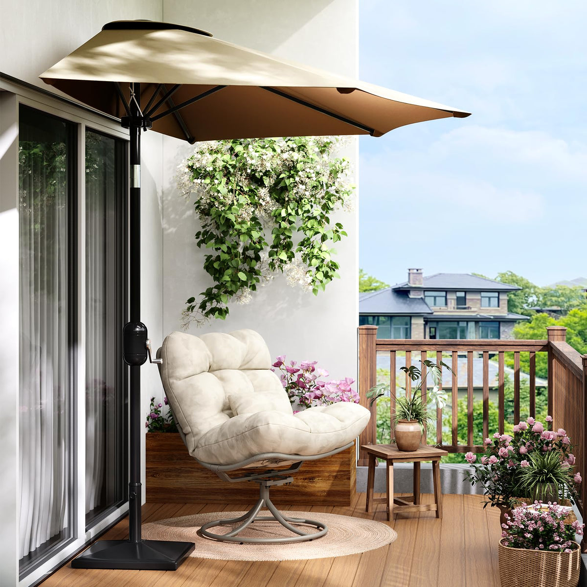 Garvee patio umbrella fits flush against walls, ideal for compact balconies