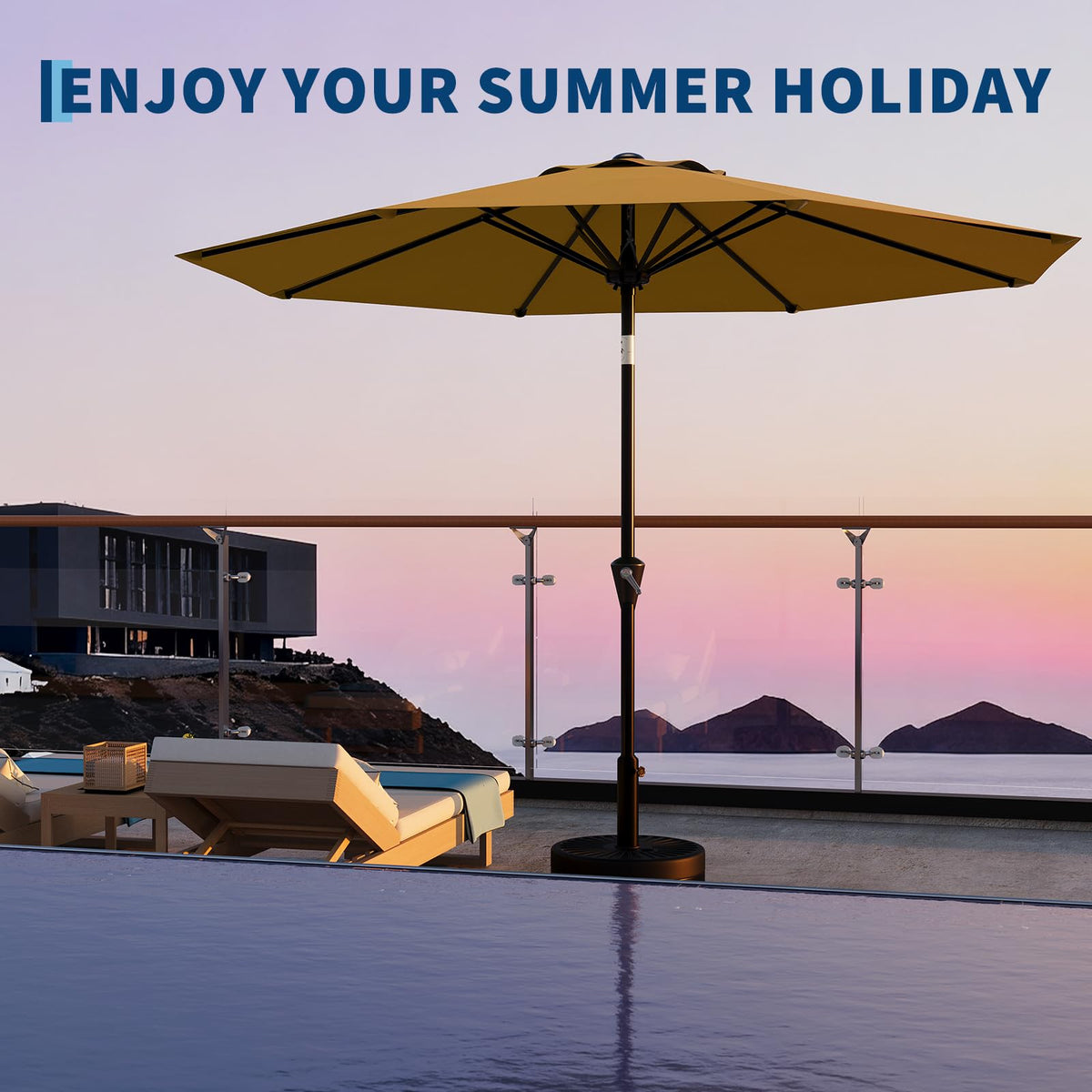 Garvee 9ft umbrella shown beside pool and deck for inviting outdoor shade.