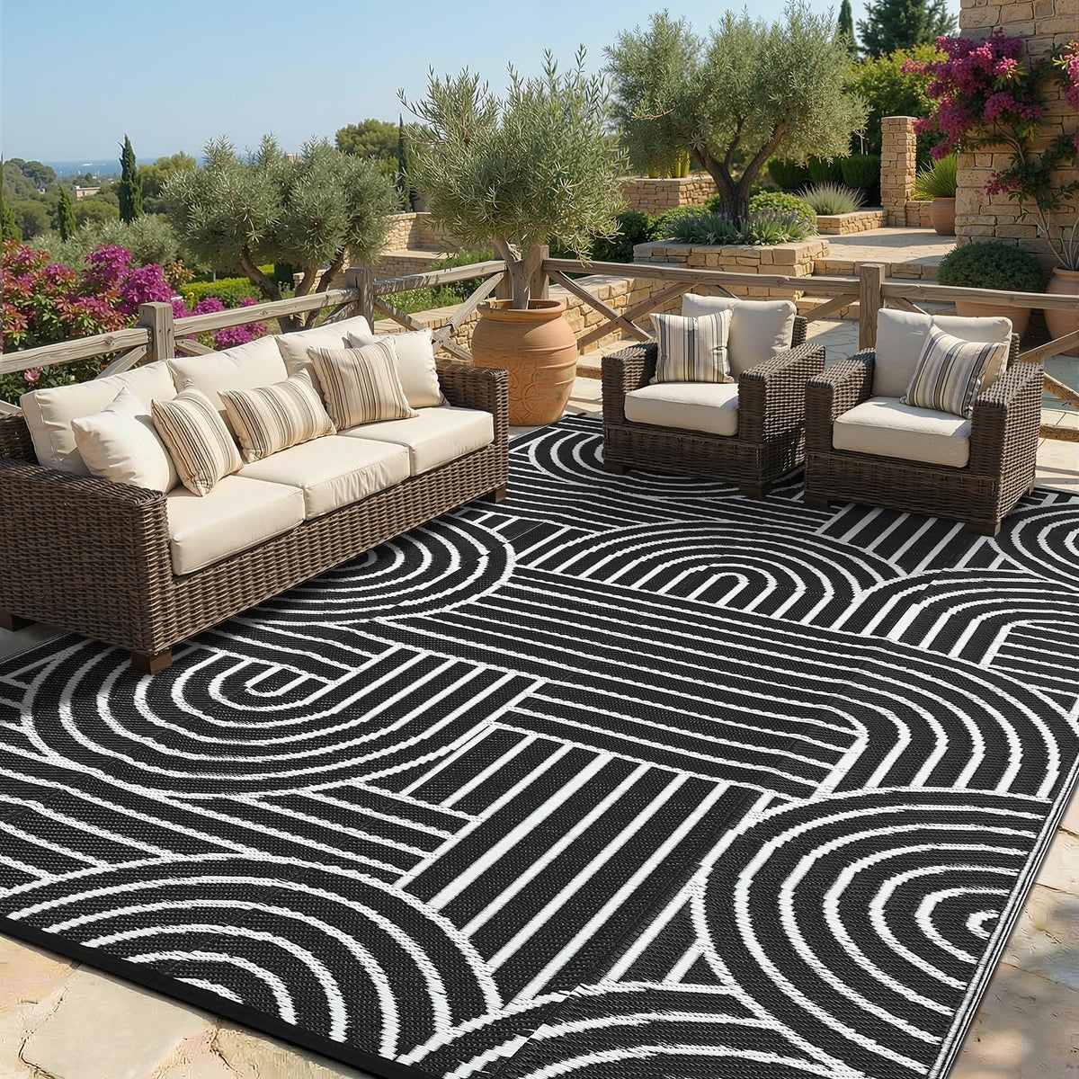 Garvee rainbow outdoor rug 5x8 on patio with waterproof, stylish performance.