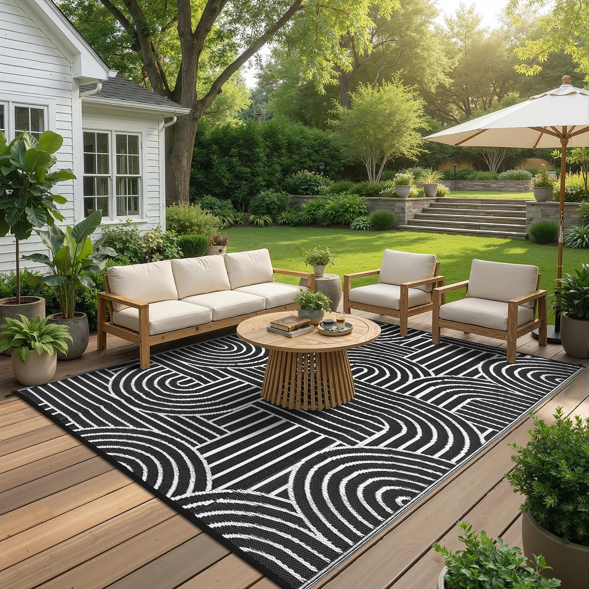 Garvee rainbow rug back view shows non-slip backing for safe outdoor surfaces.