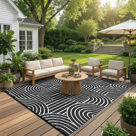 Garvee rainbow rug back view shows non-slip backing for safe outdoor surfaces.