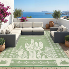 Garvee reversible cactus rug on a terrace; two-sided design for quick style refresh