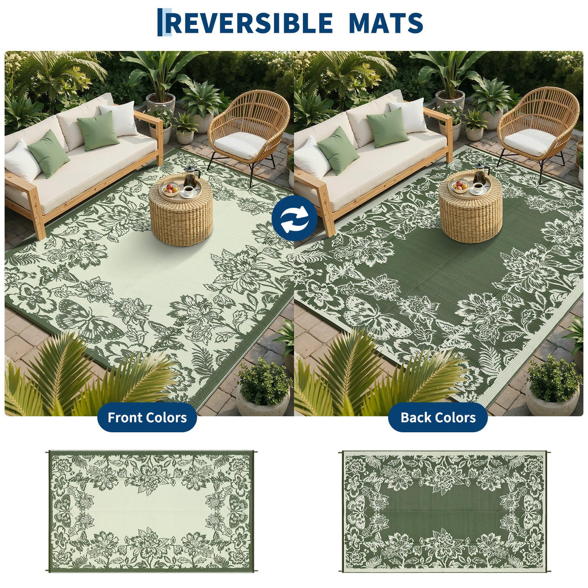 Garvee reversible outdoor mat showing two looks for porch or deck styling