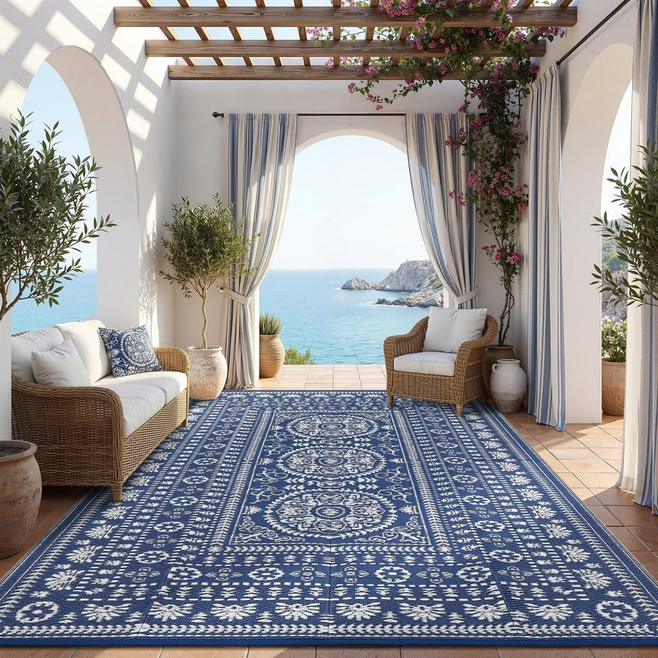 Garvee reversible outdoor rug 8x10 with medallion design for patios.