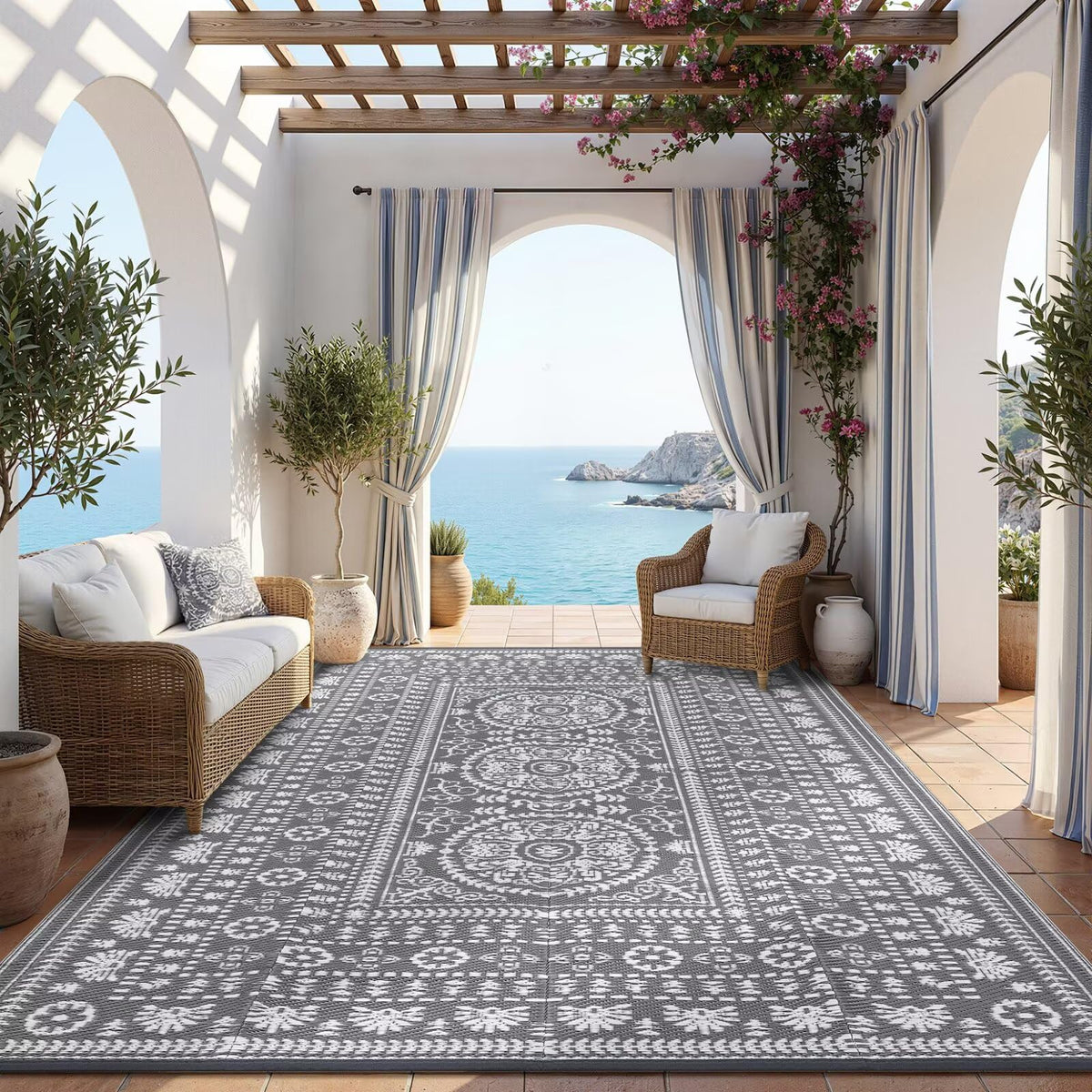 Garvee reversible outdoor rug medallion close-up, durable weave for patio charm.