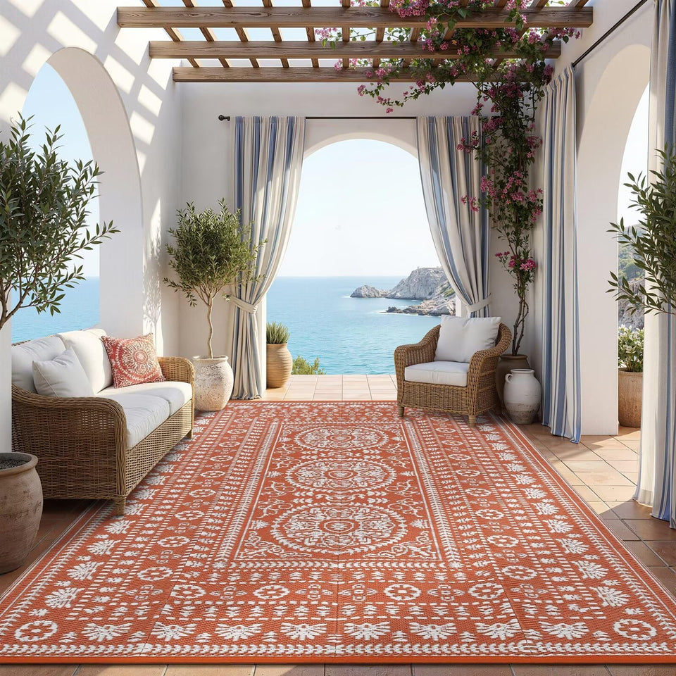 Garvee reversible outdoor rug 9x12 with medallion pattern enhances patio curb appeal