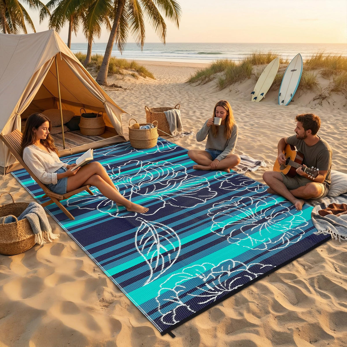 Garvee reversible patio mat with floral side for decks and balconies.
