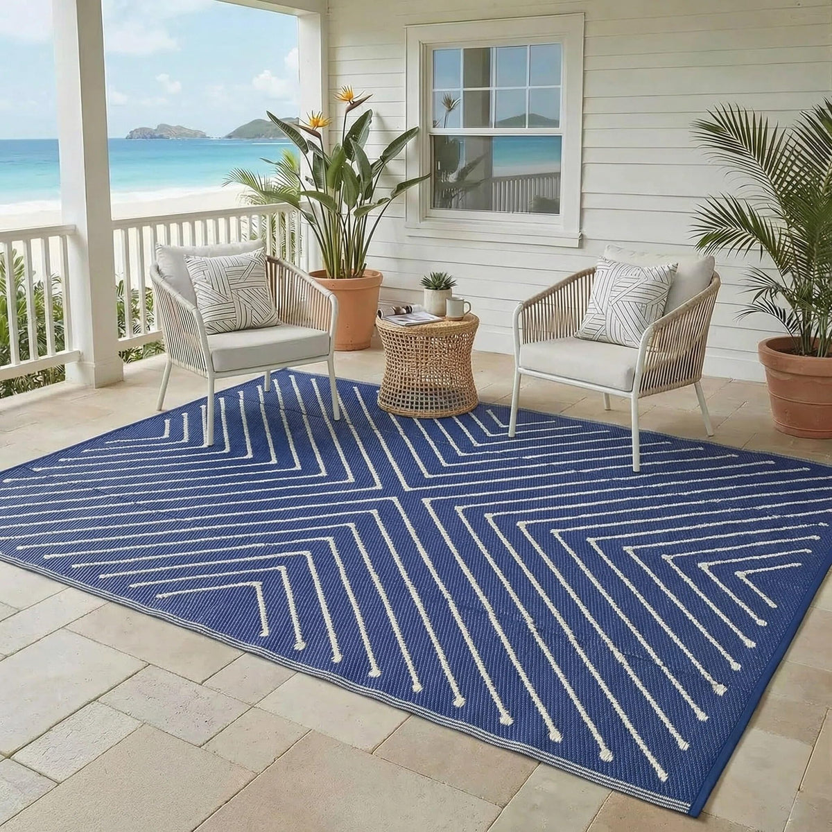 Garvee reversible patio mat offers two looks for balcony styling and versatile outdoor use.