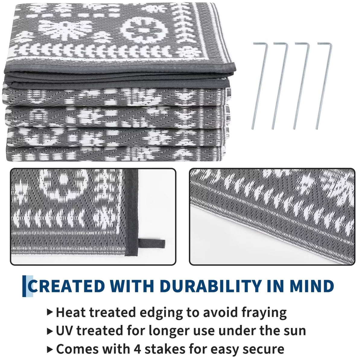 Garvee RV camping mat folded for portability, lightweight outdoor rug.