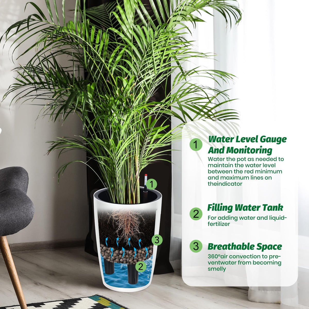 Garvee tall planter with separate water inlet for easy watering