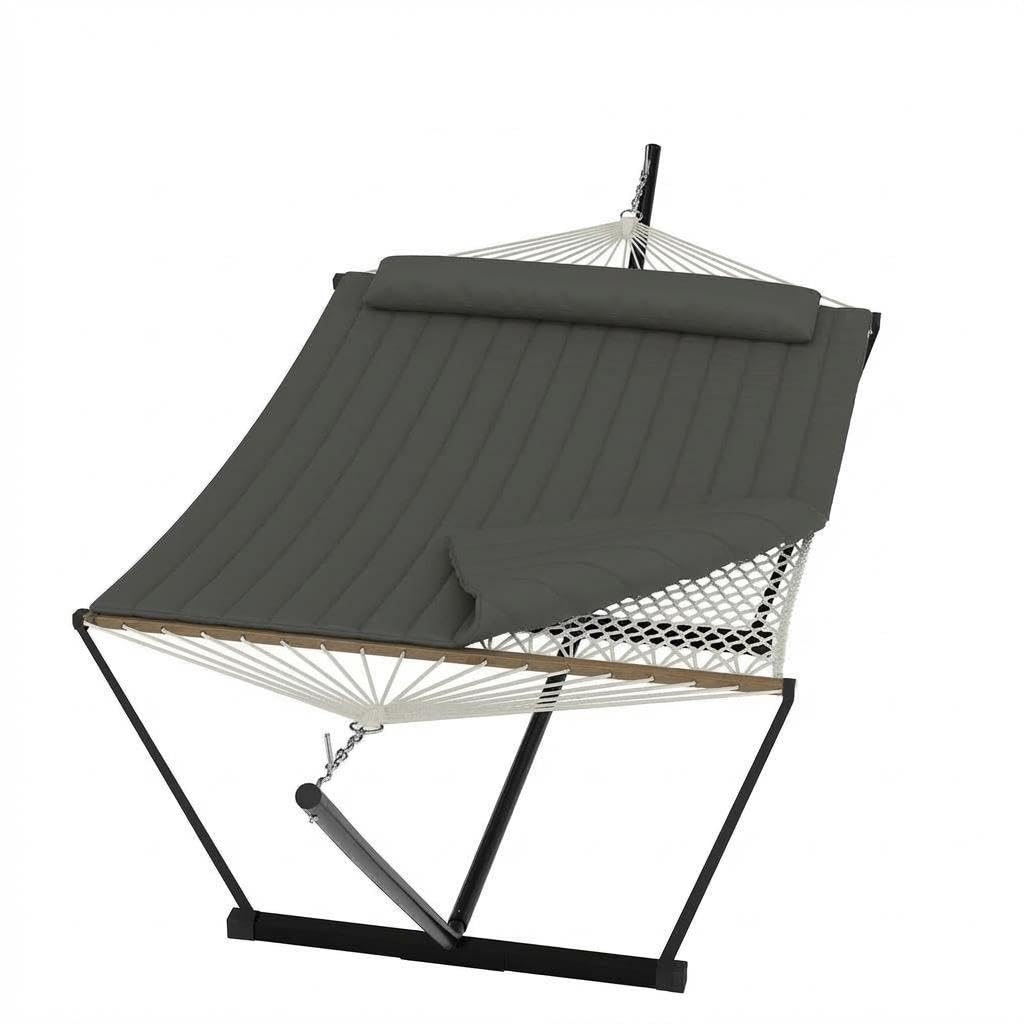 Garvee two-person portable hammock with stand in patio setting for versatile lounging