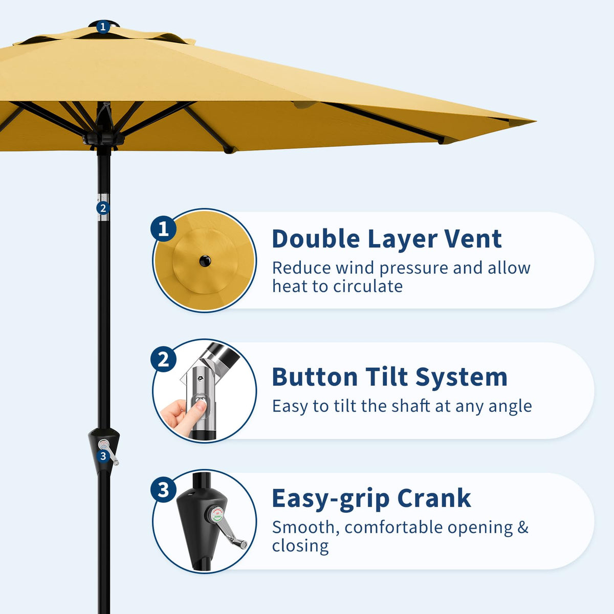 Garvee umbrella tilt feature to adjust shade as the sun moves.