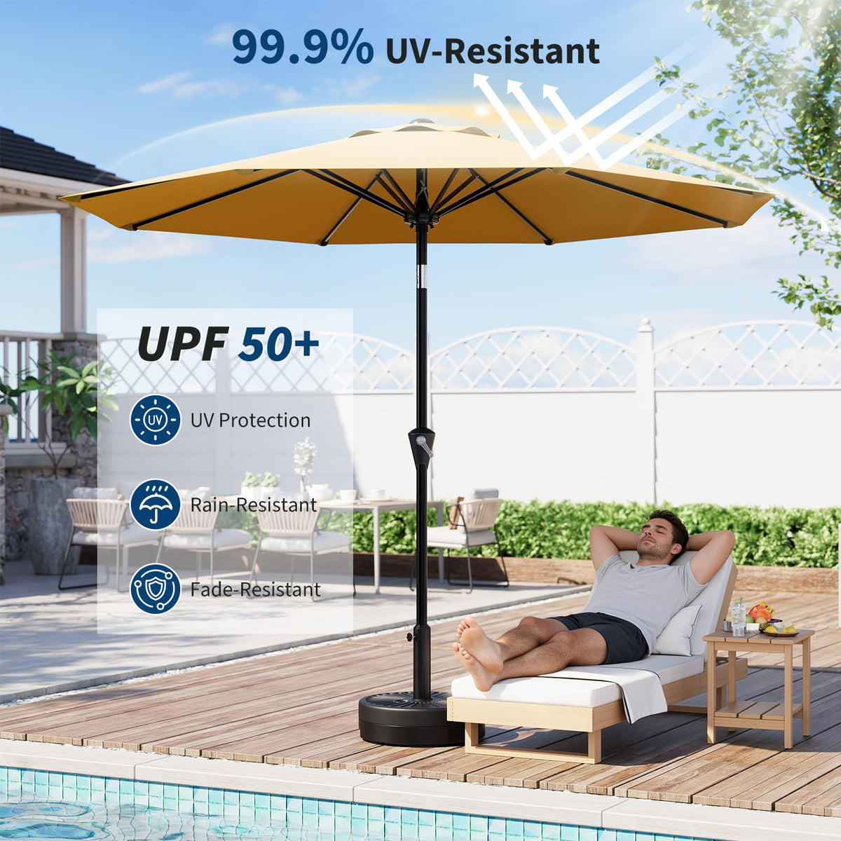 Garvee umbrella with water-resistant fabric maintains color after rain showers.