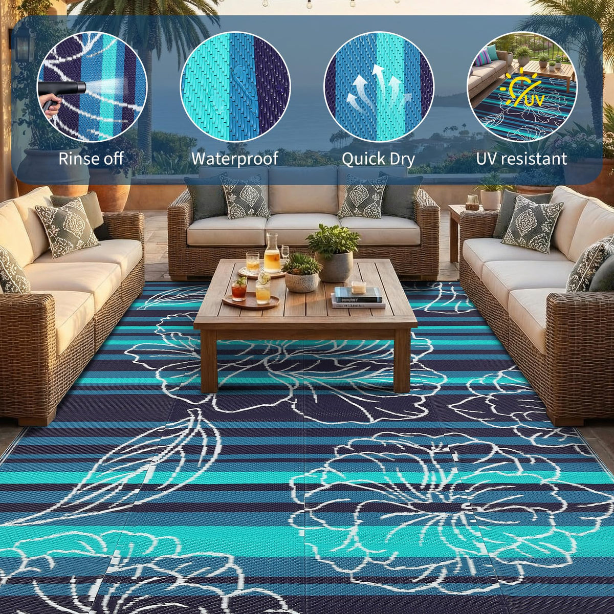 Garvee UV-protected rug resists fading for sunny patios and pool areas.