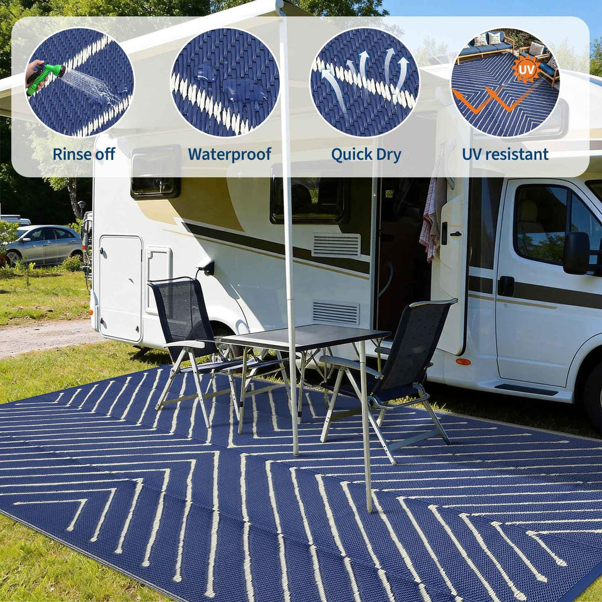 Garvee UV-protected patio rug resists fade under bright sun for long-lasting color.