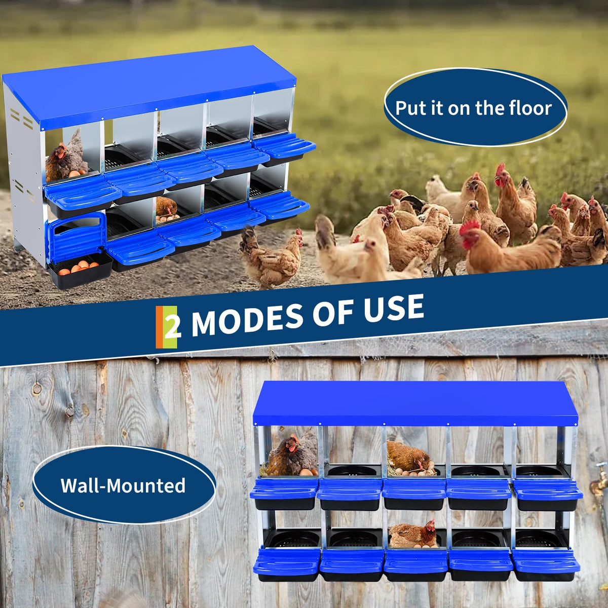 Garvee wall-mount blue nesting box shows space-saving setup for indoor or outdoor coops