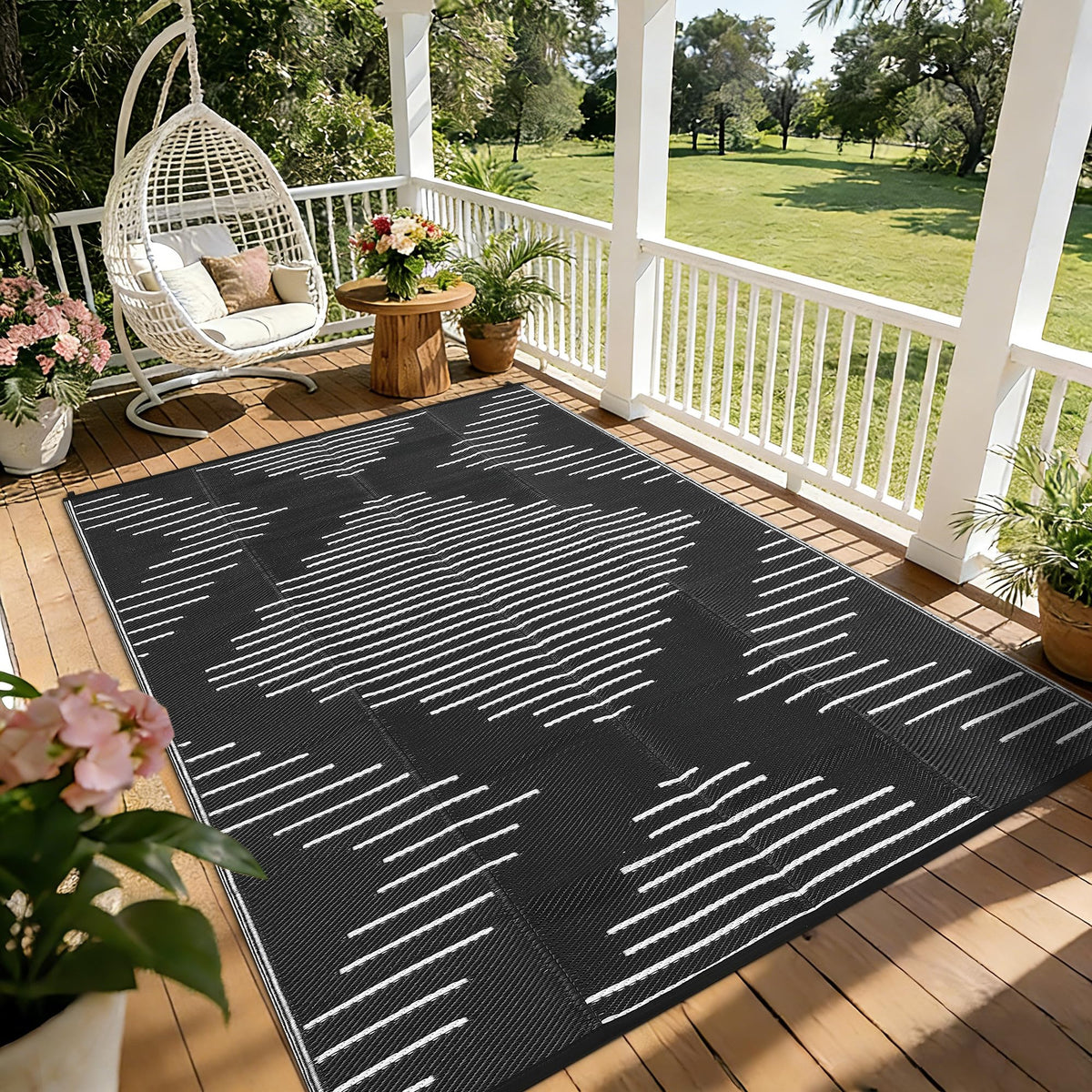 Garvee 5x8 waterproof outdoor rug in black and white, ideal for patios and decks, easy to clean.