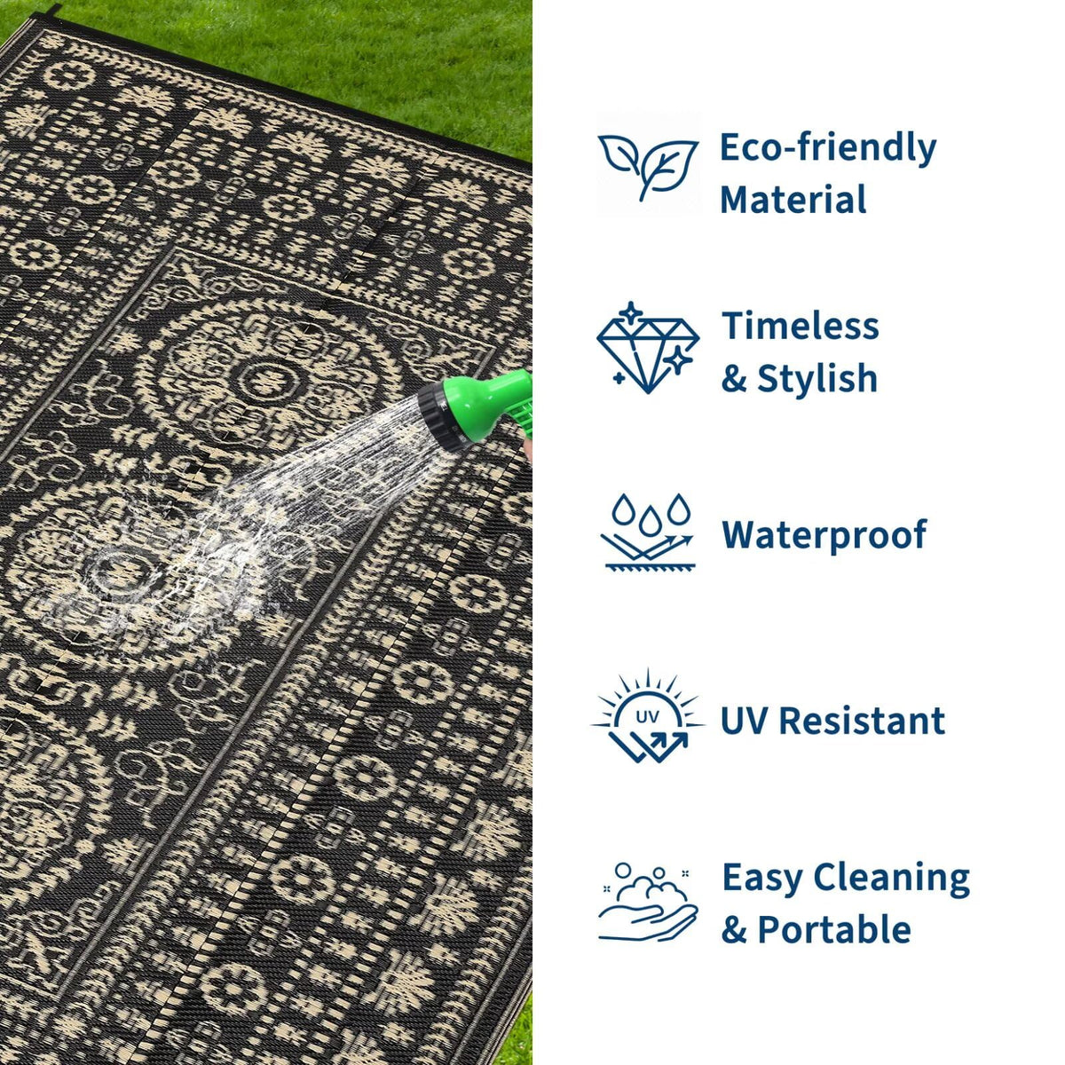 Garvee waterproof rug highlights durable material suitable for sun, rain, and high-traffic areas.