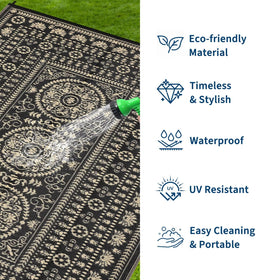 Garvee waterproof rug highlights durable material suitable for sun, rain, and high-traffic areas.