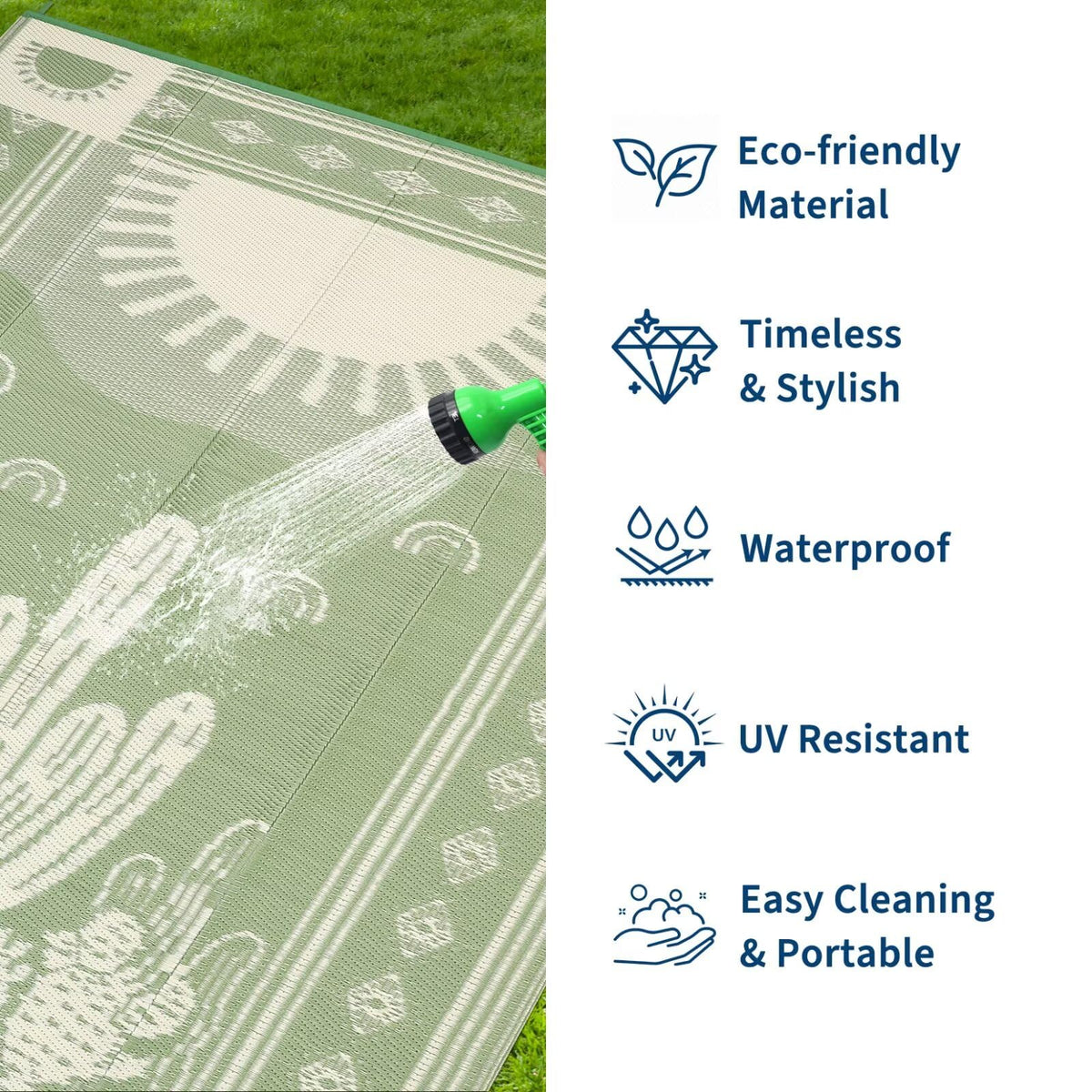 Garvee waterproof outdoor rug in sage green and beige withstands rain and weather