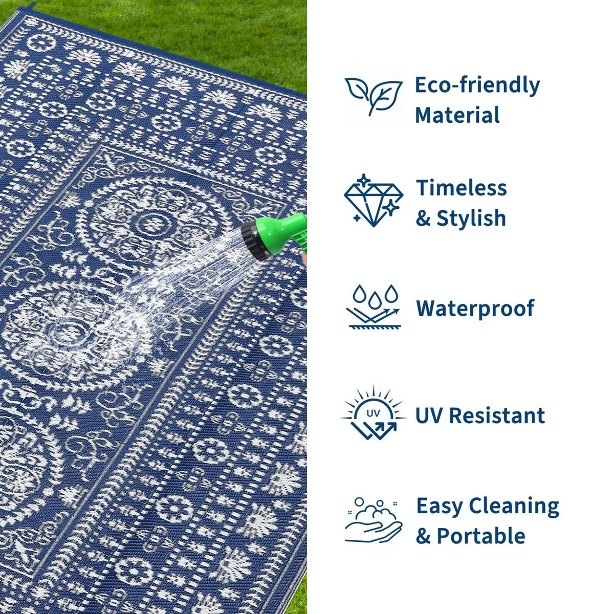Garvee waterproof outdoor rug shows recyclable plastic straw material for durable exterior use